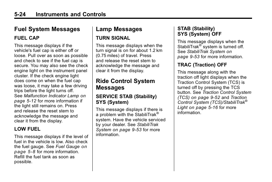 Fuel system messages, Lamp messages, Ride control system messages | Messages -24, 24 instruments and controls | Hummer 2010 H3 User Manual | Page 138 / 410