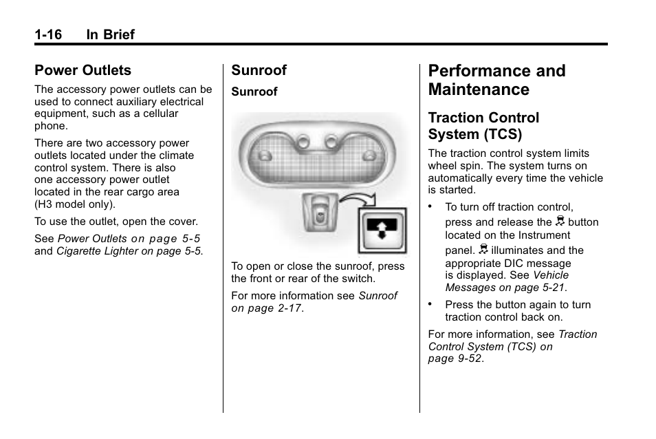 Power outlets, Sunroof, Performance and maintenance | Traction control system (tcs), Performance and, Maintenance -16, Instruments and controls, Power outlets -16 sunroof -16, Traction control, System (tcs) -16 | Hummer 2010 H3 User Manual | Page 20 / 410