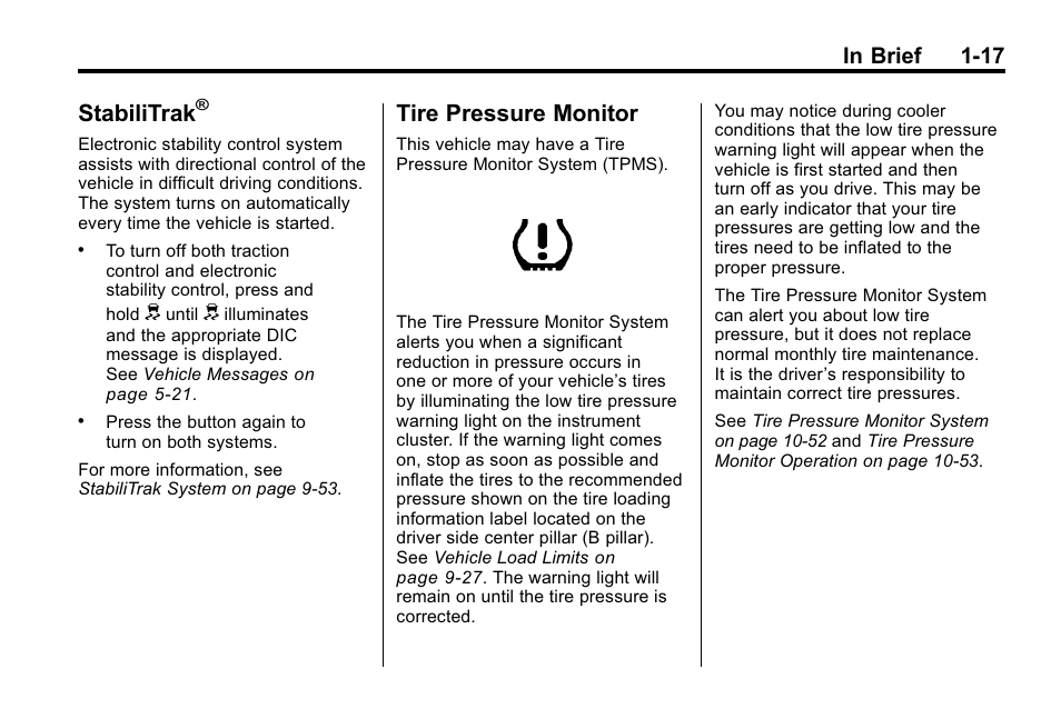 Stabilitrak, Tire pressure monitor, Tire pressure monitor -17 | Hummer 2010 H3 User Manual | Page 21 / 410