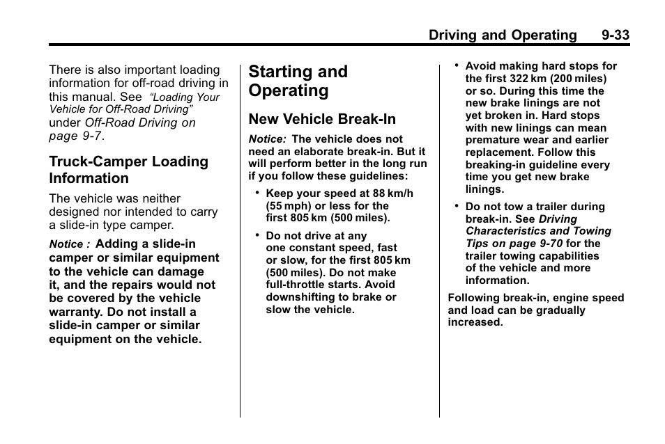 Truck-camper loading information, Starting and operating, New vehicle break-in | And operating -33, Truck-camper loading, Information -33, New vehicle break-in -33, Driving and operating 9-33 | Hummer 2010 H3 User Manual | Page 217 / 410