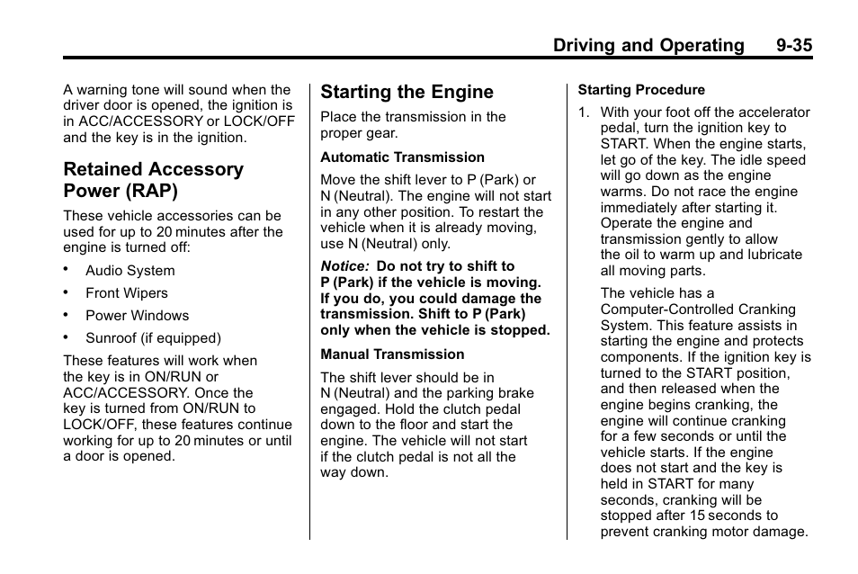 Retained accessory power (rap), Starting the engine, Retained accessory | Power (rap) -35, Starting the engine -35, Driving and operating 9-35 | Hummer 2010 H3 User Manual | Page 219 / 410