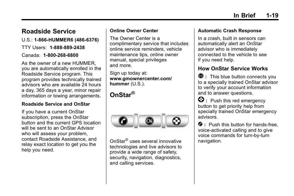 Roadside service, Onstar, Roadside service -19 onstar | Hummer 2010 H3 User Manual | Page 23 / 410