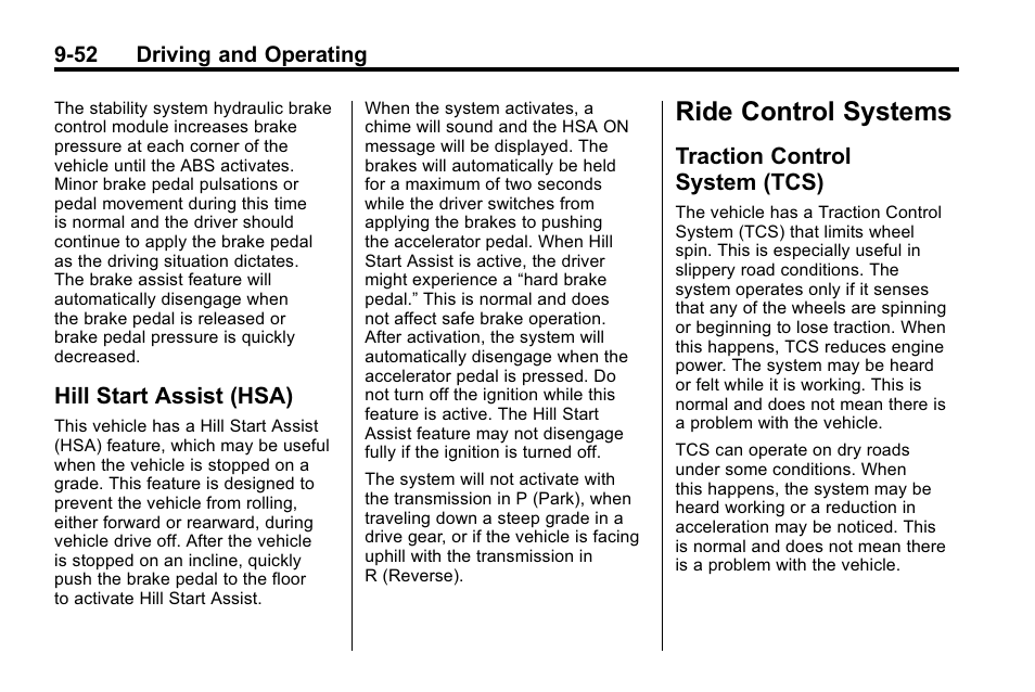 Hill start assist (hsa), Ride control systems, Traction control system (tcs) | Hill start assist (hsa) -52, Traction control, System (tcs) -52 | Hummer 2010 H3 User Manual | Page 236 / 410