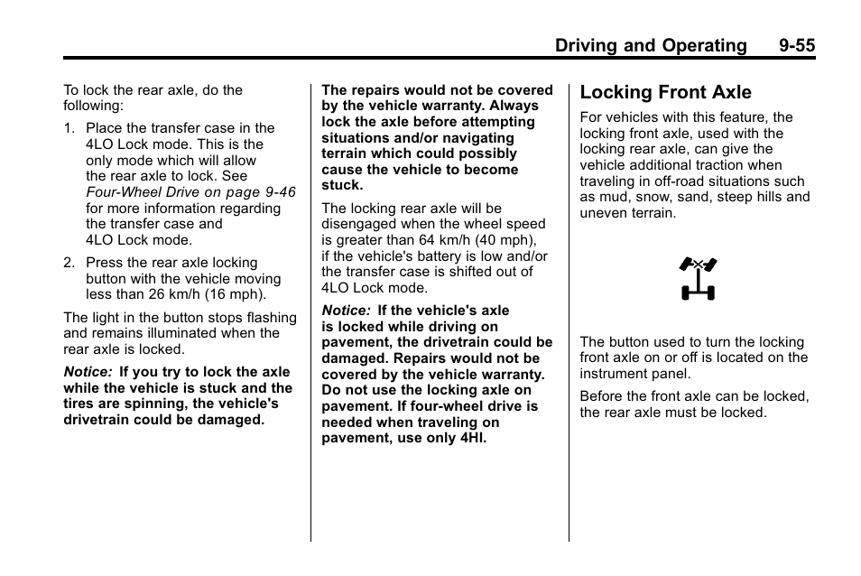 Locking front axle, Locking front axle -55, Driving and operating 9-55 | Hummer 2010 H3 User Manual | Page 239 / 410