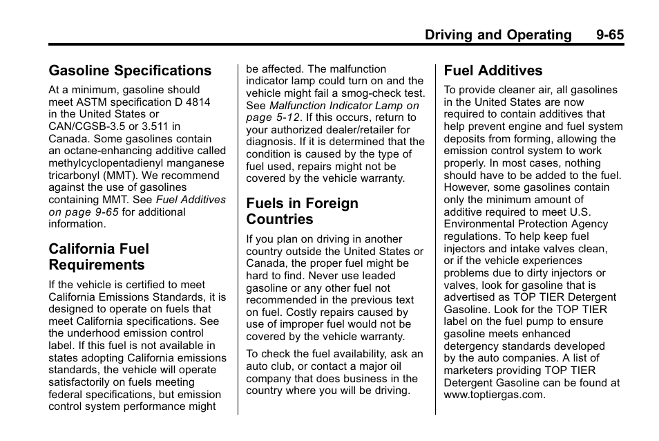 Gasoline specifications, California fuel requirements, Fuels in foreign countries | Fuel additives, Gasoline specifications -65 california fuel, Requirements -65, Fuels in foreign countries -65 fuel additives -65 | Hummer 2010 H3 User Manual | Page 249 / 410