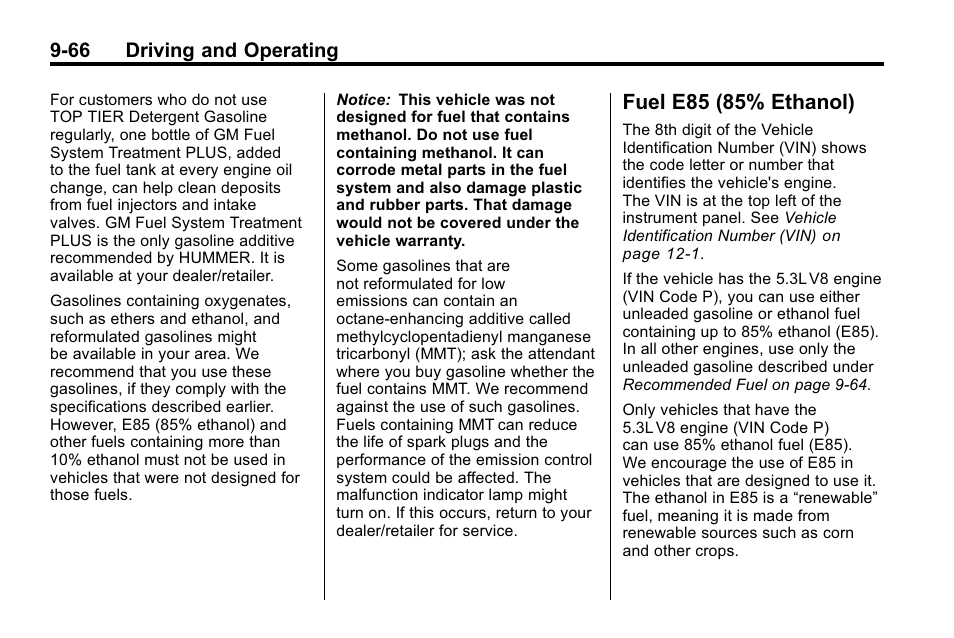 Fuel e85 (85% ethanol), Fuel e85 (85% ethanol) -66 | Hummer 2010 H3 User Manual | Page 250 / 410