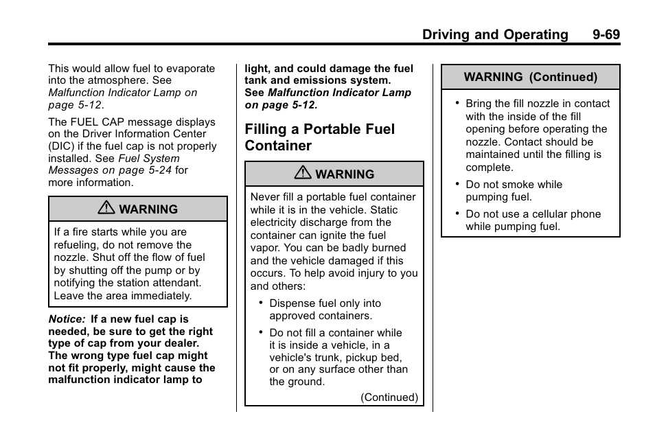 Filling a portable fuel container, Filling a portable fuel, Container -69 | Driving and operating 9-69 | Hummer 2010 H3 User Manual | Page 253 / 410