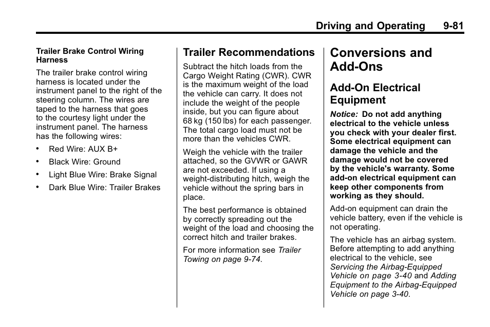 Trailer recommendations, Conversions and add-ons, Add-on electrical equipment | Add-ons -81, Trailer recommendations -81, Add-on electrical, Equipment -81, Driving and operating 9-81 | Hummer 2010 H3 User Manual | Page 265 / 410