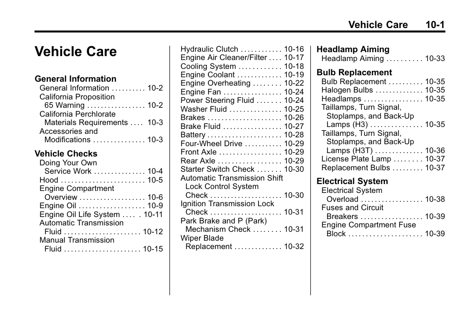 Vehicle care, Care -1, Vehicle care 10-1 | Hummer 2010 H3 User Manual | Page 267 / 410