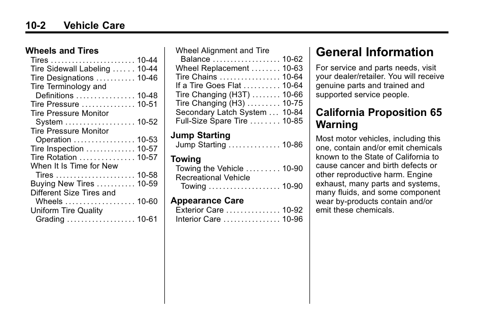 General information, California proposition 65 warning, General information -2 | General information -2 california proposition, 65 warning -2, 2 vehicle care | Hummer 2010 H3 User Manual | Page 268 / 410