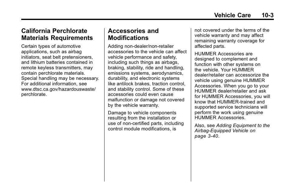 California perchlorate materials requirements, Accessories and modifications, California perchlorate | Materials requirements -3, Accessories and, Modifications -3 | Hummer 2010 H3 User Manual | Page 269 / 410