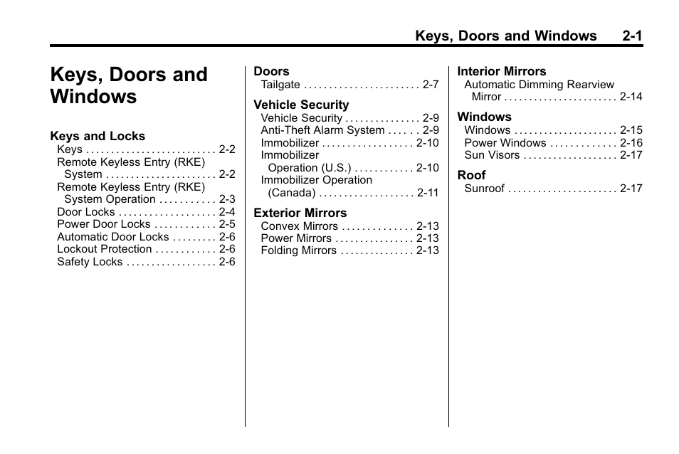 Keys, doors and windows, Keys, doors and windows -1, Keys, doors and windows 2-1 | Hummer 2010 H3 User Manual | Page 27 / 410