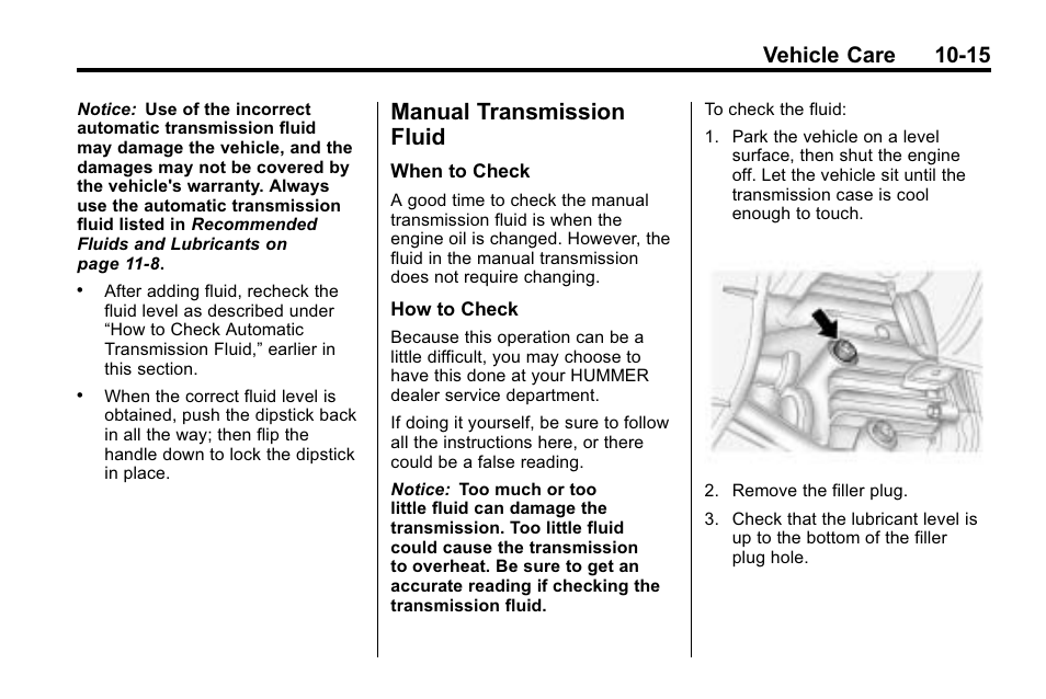 Manual transmission fluid, Manual transmission, Fluid -15 | Replacement, Vehicle care 10-15 | Hummer 2010 H3 User Manual | Page 281 / 410