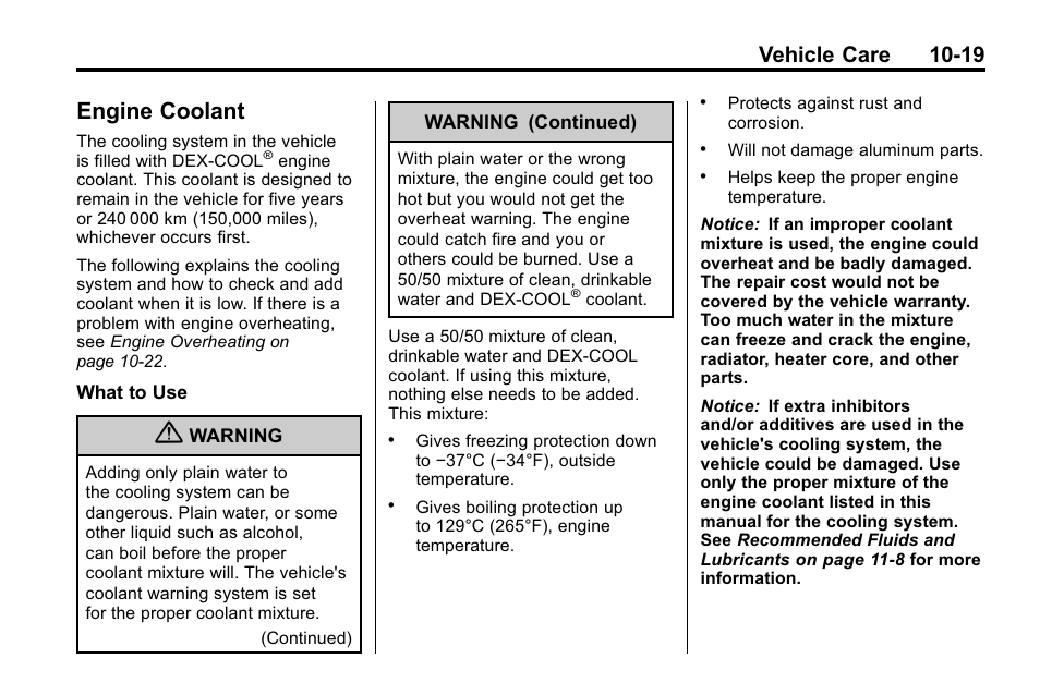 Engine coolant, Engine coolant -19, Bulb replacemen | Vehicle care 10-19 | Hummer 2010 H3 User Manual | Page 285 / 410