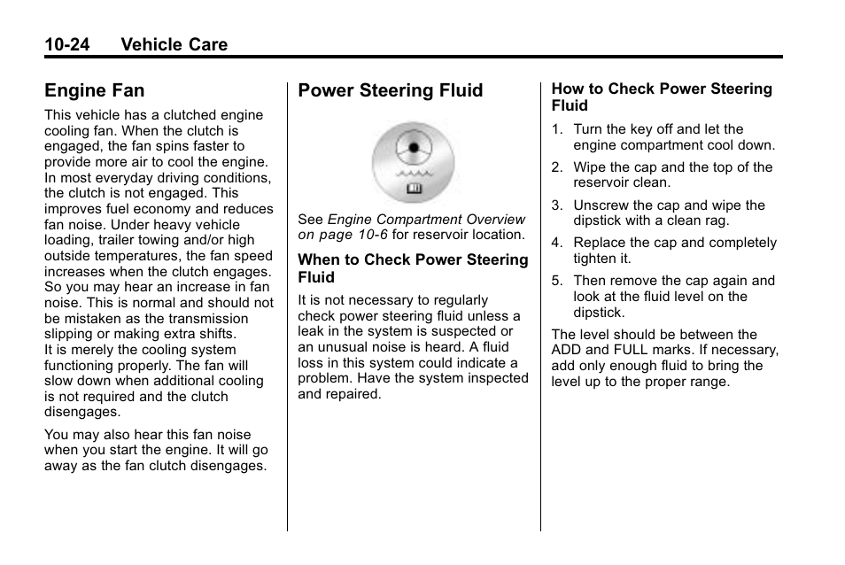 Engine fan, Power steering fluid, Engine fan -24 power steering fluid -24 | Headlamps, 24 vehicle care | Hummer 2010 H3 User Manual | Page 290 / 410