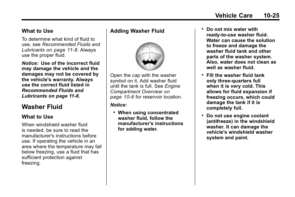 Washer fluid, Washer fluid -25, Vehicle care 10-25 | Hummer 2010 H3 User Manual | Page 291 / 410