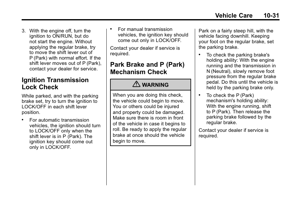 Ignition transmission lock check, Park brake and p (park) mechanism check, Transmission lock | Park brake and p (park), Check -31, Vehicle care 10-31 | Hummer 2010 H3 User Manual | Page 297 / 410