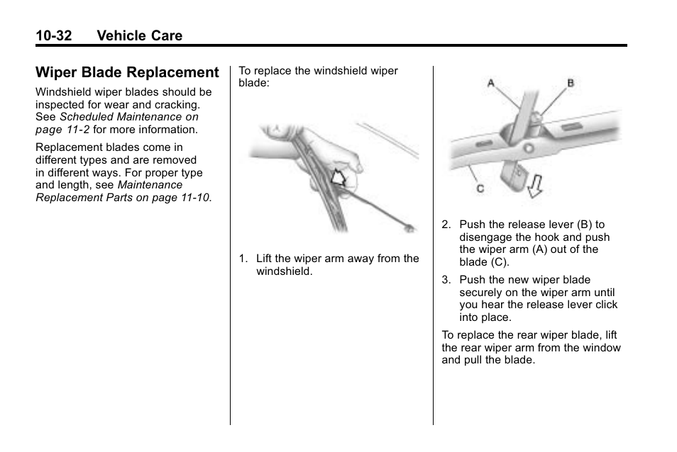 Wiper blade replacement, Wiper blade, 32 vehicle care | Hummer 2010 H3 User Manual | Page 298 / 410