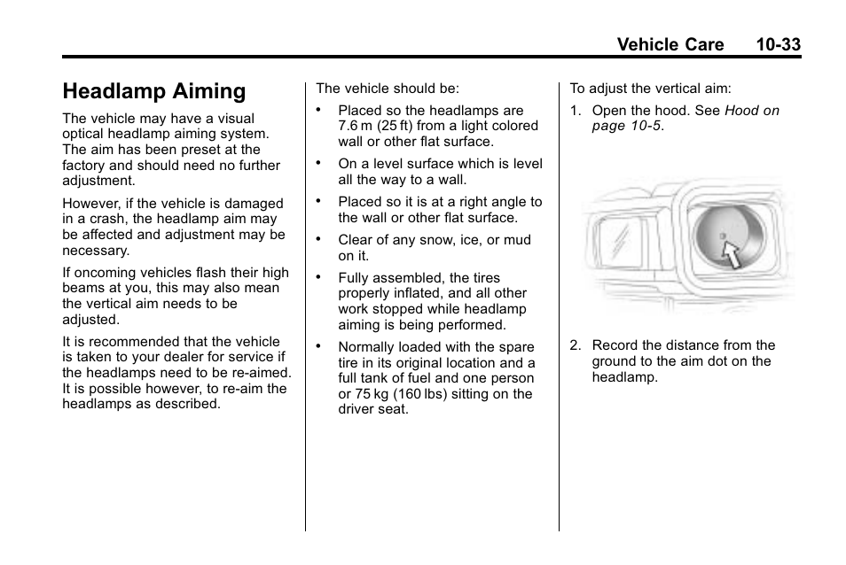 Headlamp aiming, Aiming -33, Vehicle care 10-33 | Hummer 2010 H3 User Manual | Page 299 / 410