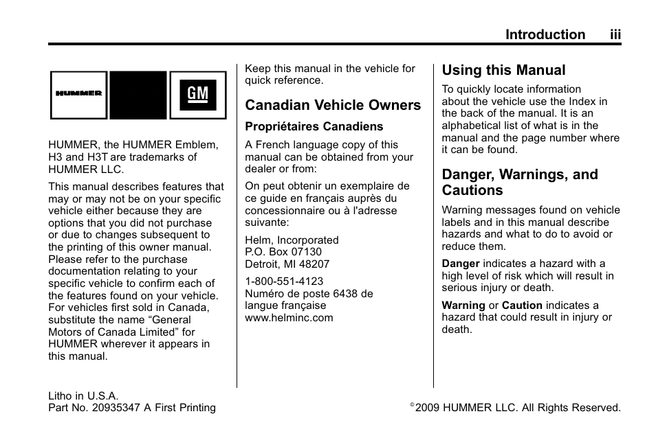 Introduction, Canadian vehicle owners, Using this manual | Danger, warnings, and cautions, Introduction iii | Hummer 2010 H3 User Manual | Page 3 / 410