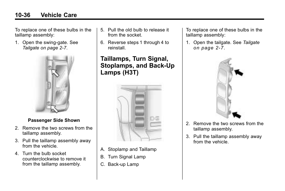 Taillamps, turn signal, Stoplamps, and back-up lamps (h3t) -36, 36 vehicle care | Hummer 2010 H3 User Manual | Page 302 / 410