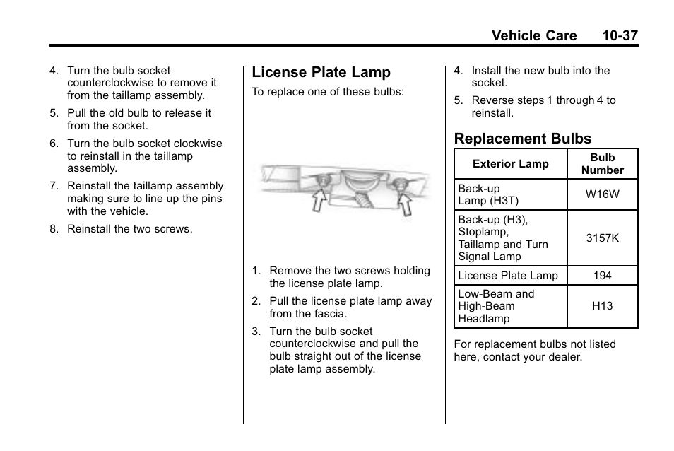 License plate lamp, Replacement bulbs, Plate lamp -37 replacement bulbs -37 | Vehicle care 10-37 | Hummer 2010 H3 User Manual | Page 303 / 410