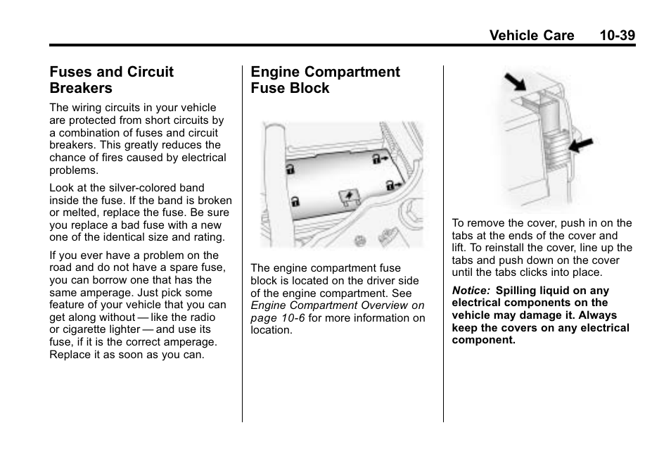 Fuses and circuit breakers, Engine compartment fuse block, Fuses and circuit | Breakers -39, Engine compartment fuse, Block -39 | Hummer 2010 H3 User Manual | Page 305 / 410