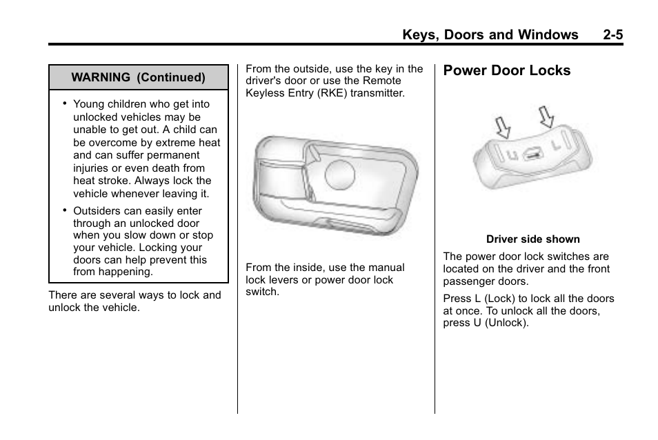 Power door locks, Power door locks -5, Keys, doors and windows 2-5 | Hummer 2010 H3 User Manual | Page 31 / 410