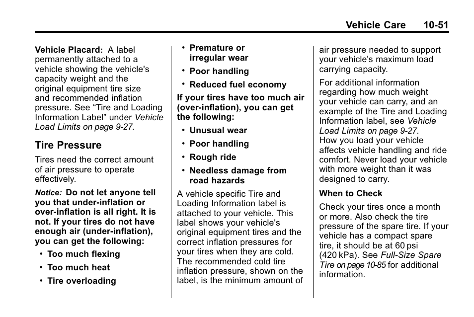 Tire pressure, Tire pressure -51, Vehicle care 10-51 | Hummer 2010 H3 User Manual | Page 317 / 410