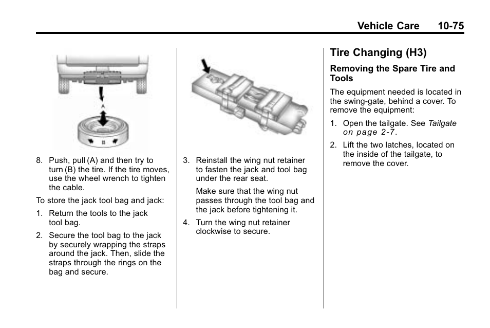 Tire changing (h3), Ire changing (h3) -75, Vehicle care 10-75 | Hummer 2010 H3 User Manual | Page 341 / 410