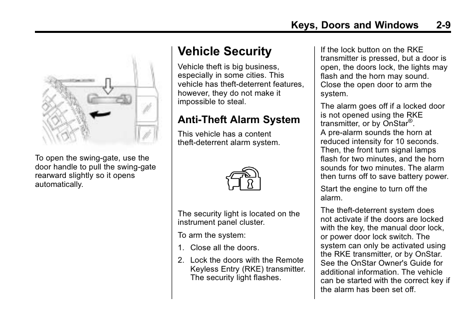 Vehicle security, Anti-theft alarm system, Vehicle security -9 | Vehicle messages, Vehicle security -9 anti-theft alarm system -9, Keys, doors and windows 2-9 | Hummer 2010 H3 User Manual | Page 35 / 410