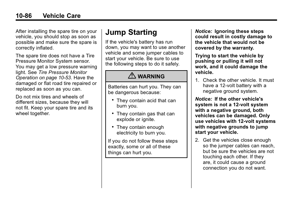 Jump starting, Jump starting -86, 86 vehicle care | Hummer 2010 H3 User Manual | Page 352 / 410