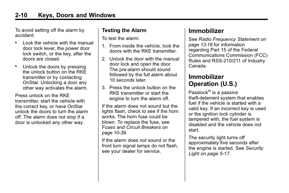 Immobilizer, Immobilizer operation (u.s.), Immobilizer -10 immobilizer | Operation (u.s.) -10, 10 keys, doors and windows | Hummer 2010 H3 User Manual | Page 36 / 410