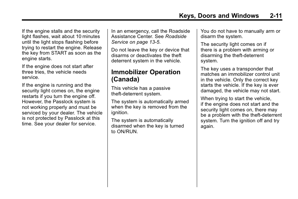 Immobilizer operation (canada), Immobilizer operation, Canada) -11 | Keys, doors and windows 2-11 | Hummer 2010 H3 User Manual | Page 37 / 410