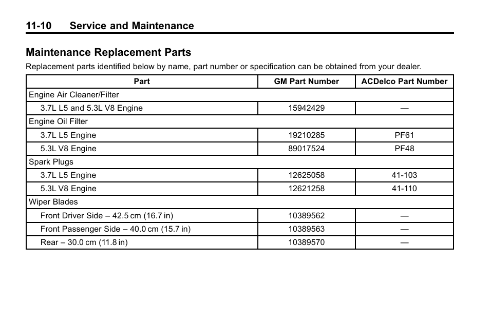 Maintenance replacement parts, Maintenance replacement, Parts -10 | 10 service and maintenance | Hummer 2010 H3 User Manual | Page 374 / 410