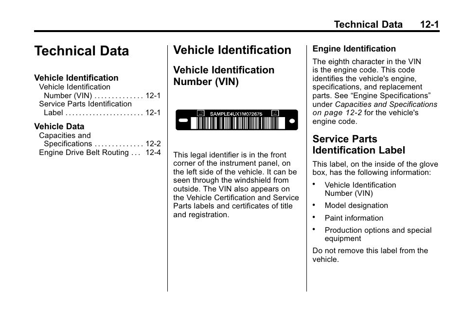 Technical data, Vehicle identification, Vehicle identification number (vin) | Service parts identification label, Technical data -1, Vehicle identification -1, Technical data 12-1 | Hummer 2010 H3 User Manual | Page 379 / 410