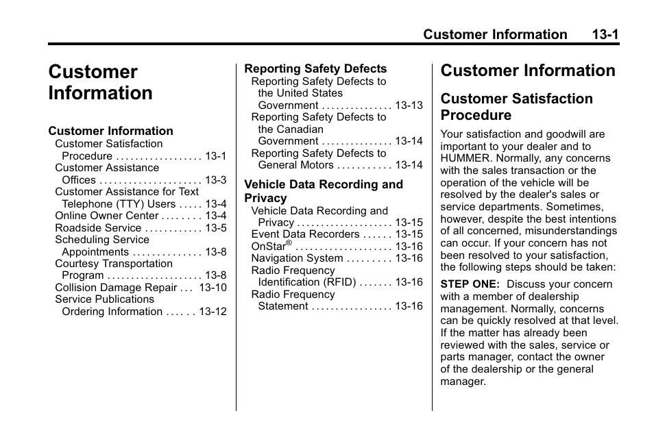 Customer information, Customer satisfaction procedure, Customer information -1 | Customer information 13-1 | Hummer 2010 H3 User Manual | Page 383 / 410