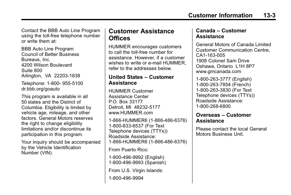 Customer assistance offices, Customer assistance, Offices -3 | Vehicle, Customer information 13-3 | Hummer 2010 H3 User Manual | Page 385 / 410