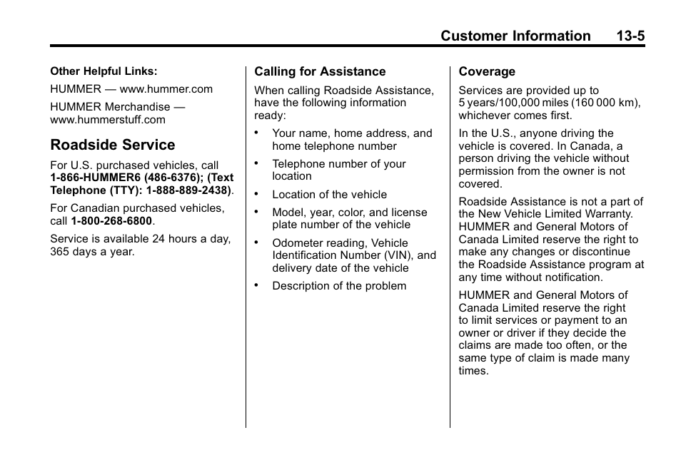 Roadside service, Roadside service -5, Privacy | Customer information 13-5 | Hummer 2010 H3 User Manual | Page 387 / 410