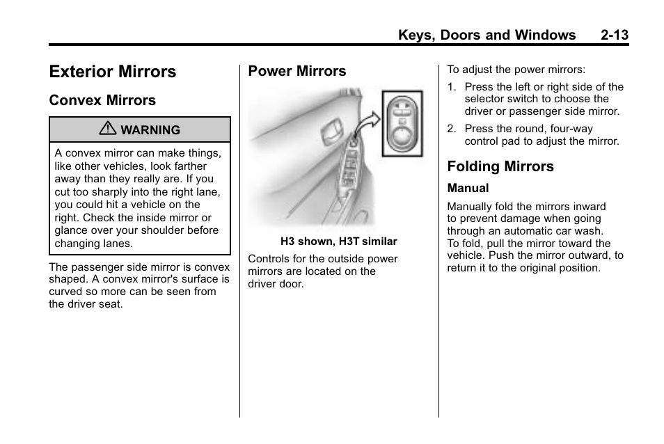 Exterior mirrors, Convex mirrors, Power mirrors | Folding mirrors, Exterior mirrors -13, Universal | Hummer 2010 H3 User Manual | Page 39 / 410