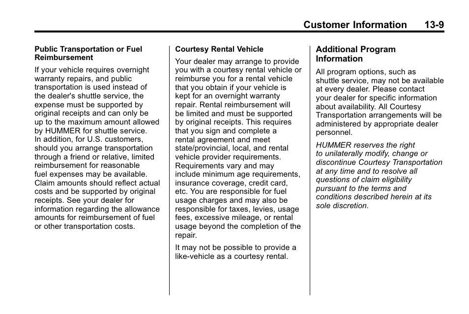 Customer information 13-9 | Hummer 2010 H3 User Manual | Page 391 / 410