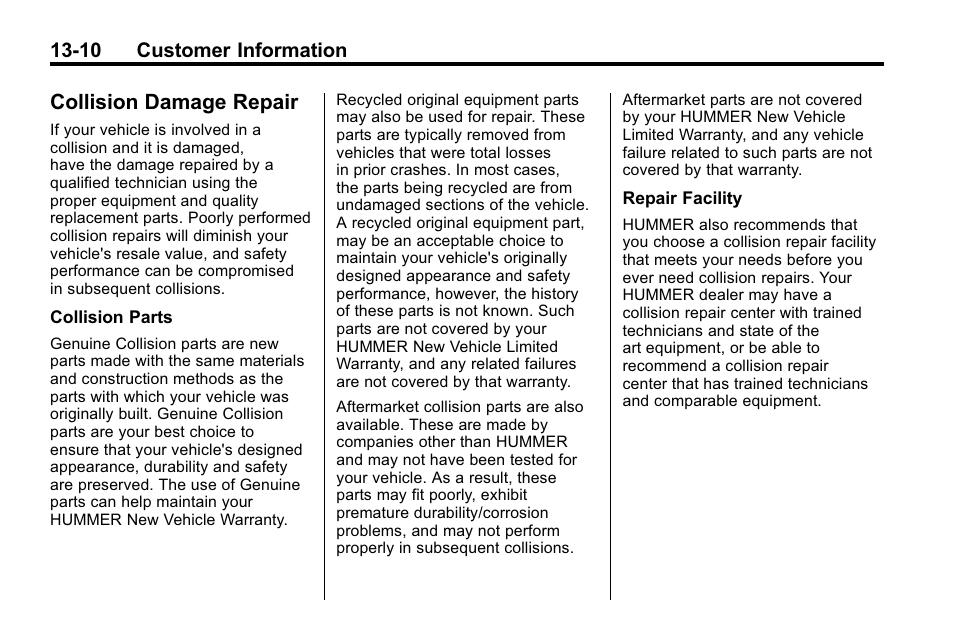 Collision damage repair, Collision damage repair -10, Identification | Hummer 2010 H3 User Manual | Page 392 / 410