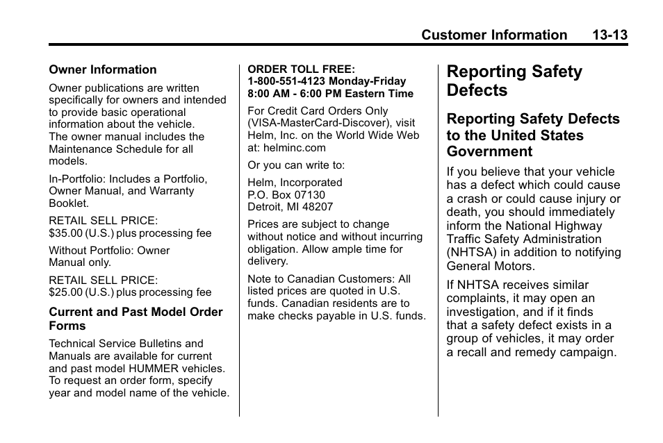 Reporting safety defects, Reporting safety defects -13, Reporting safety defects to | The united states government -13 | Hummer 2010 H3 User Manual | Page 395 / 410