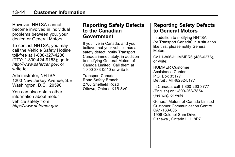 Reporting safety defects to general motors, Reporting safety defects to, The canadian government -14 | General motors -14 | Hummer 2010 H3 User Manual | Page 396 / 410