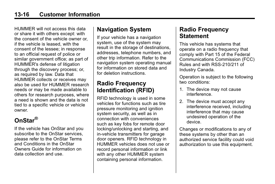 Onstar, Navigation system, Radio frequency identification (rfid) | Radio frequency statement, Navigation system -16, Frequency, Rfid) -16, Radio frequency | Hummer 2010 H3 User Manual | Page 398 / 410