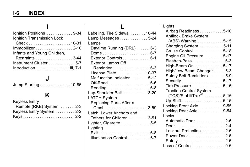 Index_i, Index_j, Index_k | Index_l, I-6 index | Hummer 2010 H3 User Manual | Page 404 / 410