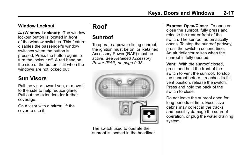 Sun visors, Roof, Sunroof | Roof -17, Exterior, Sun visors -17, Sunroof -17 | Hummer 2010 H3 User Manual | Page 43 / 410