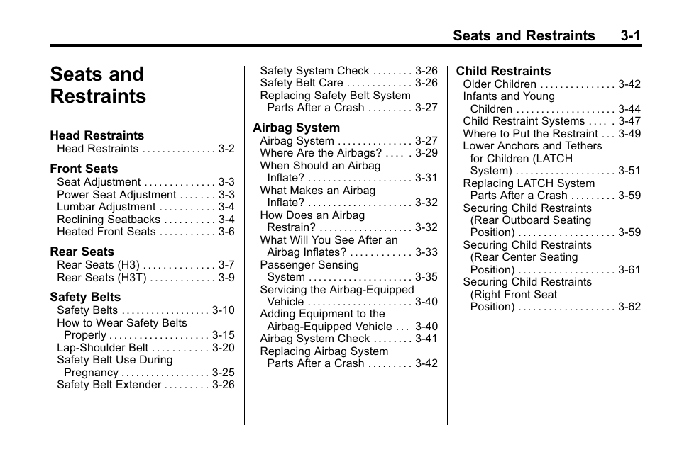 Seats and restraints, Seats and restraints -1, Seats and restraints 3-1 | Hummer 2010 H3 User Manual | Page 45 / 410