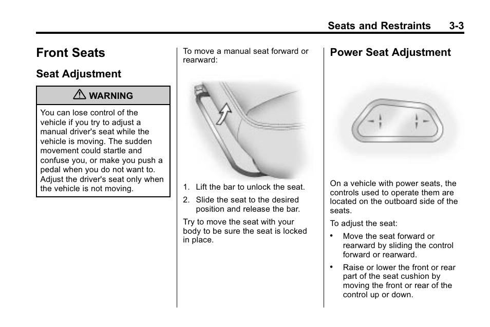 Front seats, Seat adjustment, Power seat adjustment | Front seats -3, Seat adjustment -3 power seat adjustment -3 | Hummer 2010 H3 User Manual | Page 47 / 410