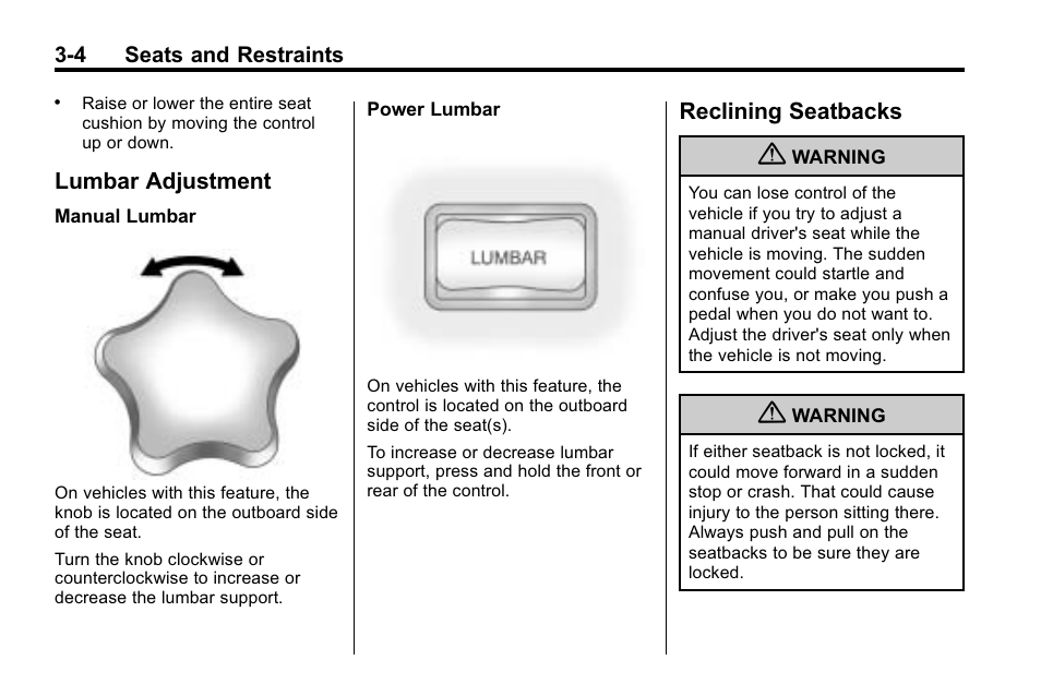 Lumbar adjustment, Reclining seatbacks, Lumbar adjustment -4 reclining seatbacks -4 | Hummer 2010 H3 User Manual | Page 48 / 410